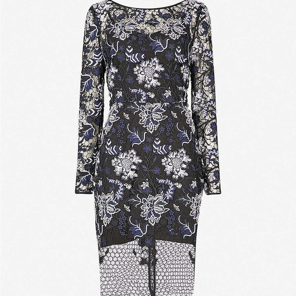 NWT Diane von Furstenberg DVF Navy & White Floral Lace Dress w/ Slip 0
